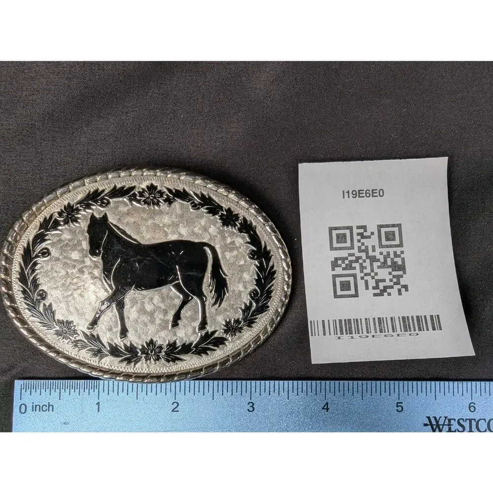 Vintage 1970s Western Belt Buckle Silver Tone Horse Motif Rope Border USA Made